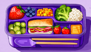 Bento Lunch Box with 4 Compartments, Sauce Container, Utensils, Food Picks and Muffin Cups for School - Purple